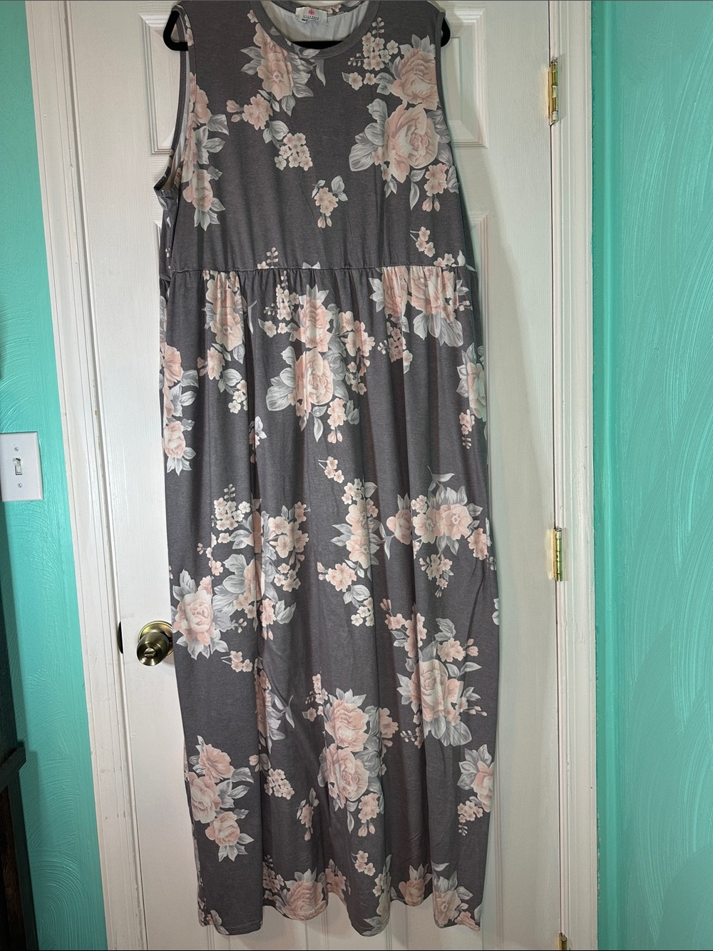 Sleeveless Maxi Dress in Gray with Pink Floral Print - Picture 1 of 1